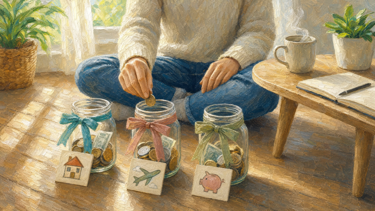 Three labeled savings jars — a home, a trip abroad, and a rainy-day fund